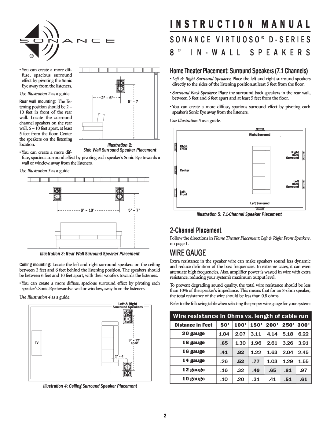 Sonance D-series instruction manual Wire Gauge, ChannelPlacement, Illustration 5 7.1-ChannelSpeaker Placement 