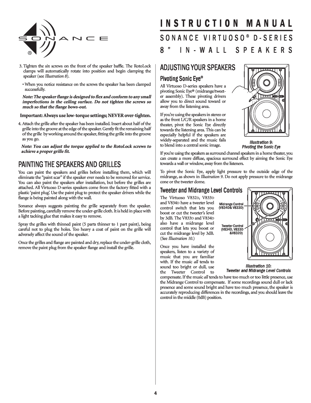Sonance D-series instruction manual Adjusting Your Speakers, Painting The Speakers And Grilles, Pivoting Sonic Eye 