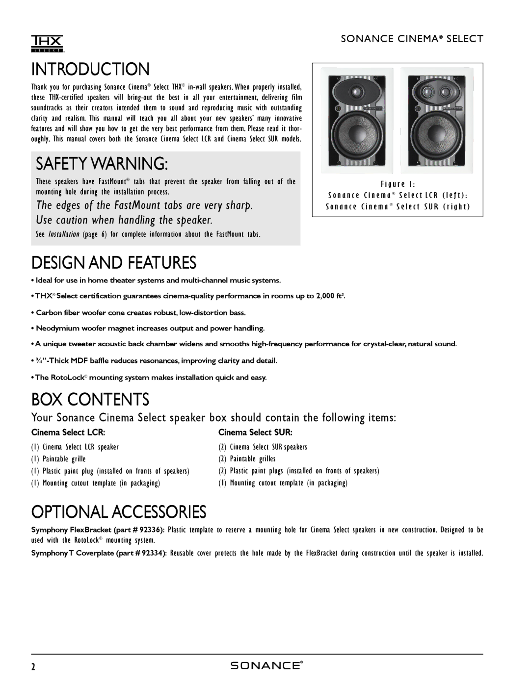 Sonance HOME THEATER SPEAKERS Introduction, Safety Warning, Design and Features, BOX Contents, Optional Accessories 