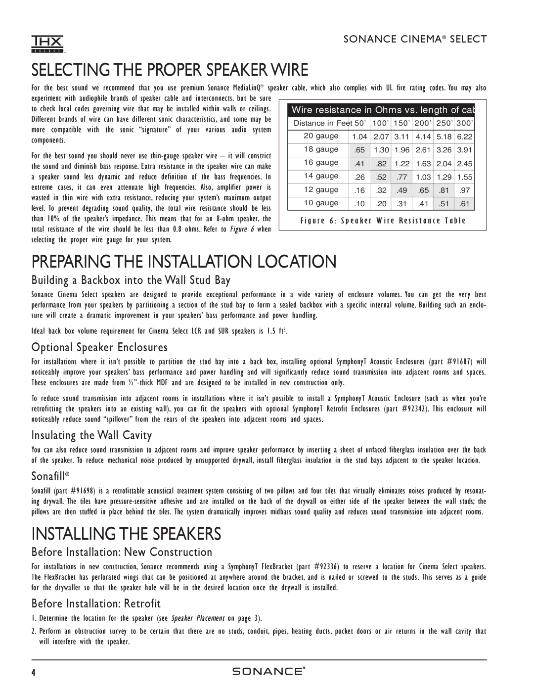 Sonance HOME THEATER SPEAKERS instruction manual Selecting the Proper Speaker Wire, Preparing the Installation Location 