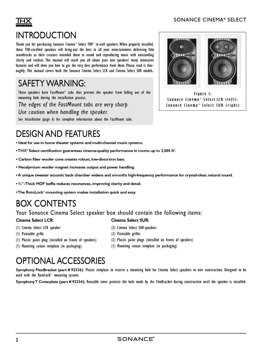 Sonance HOME THEATER SPEAKERS Introduction, Safety Warning, Design And Features, Box Contents, Optional Accessories 