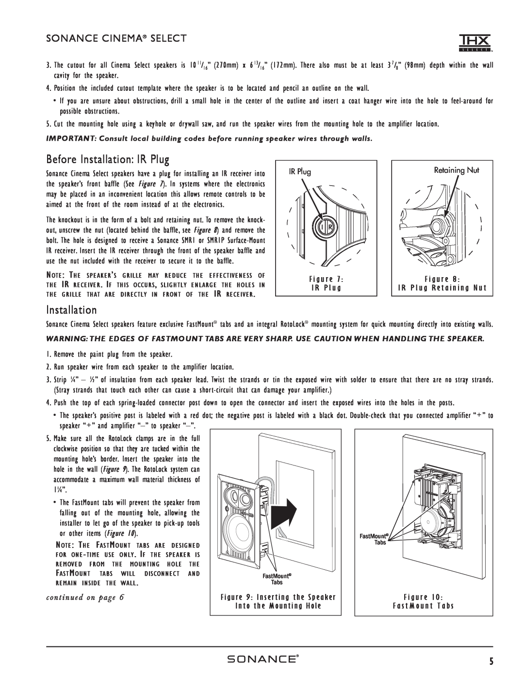 Sonance HOME THEATER SPEAKERS instruction manual Before Installation IR Plug, Sonance Cinema Select 