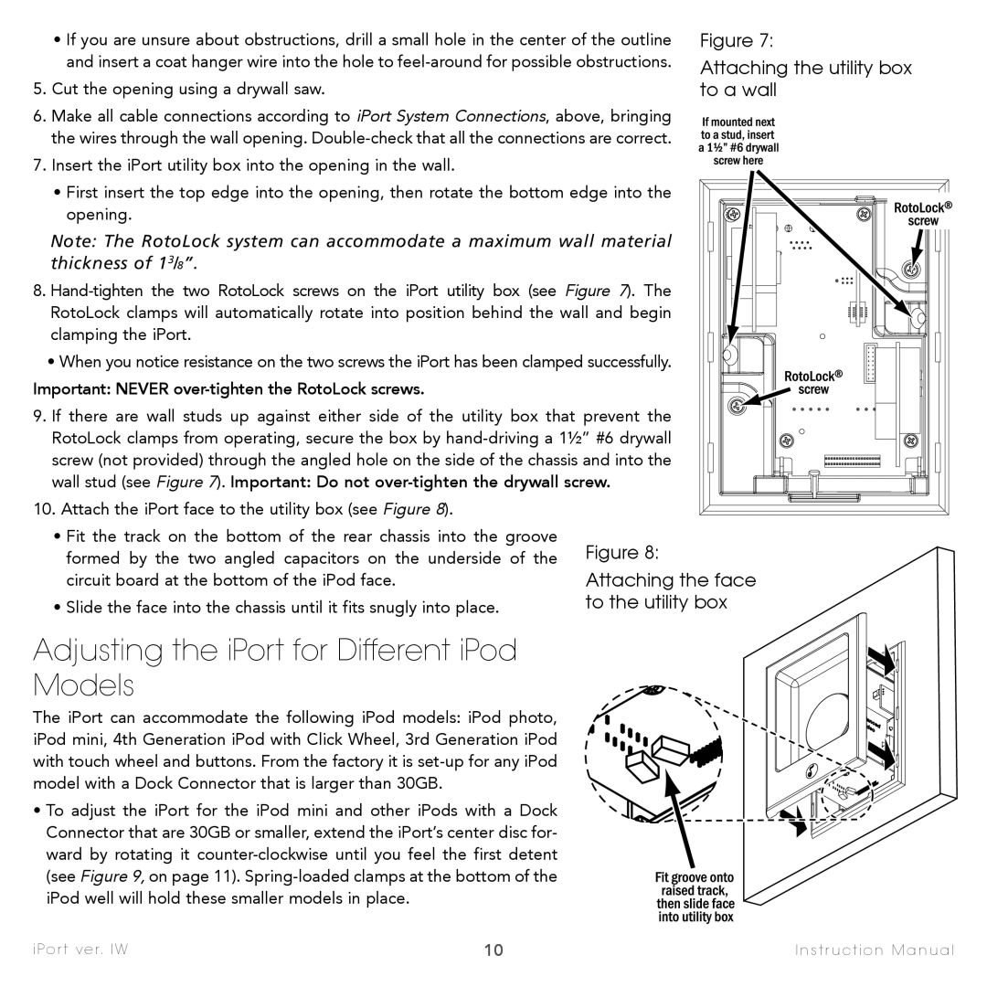 Sonance IW-4, IW-2, IW-3, IW-5, IW-1 Adjusting the iPort for Different iPod Models, Attaching the utility box to a wall 