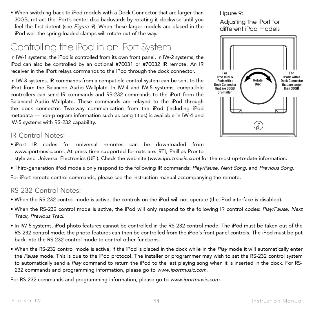 Sonance IW-2, IW-4, IW-3, IW-5, IW-1 Controlling the iPod in an iPort System, IR Control Notes RS-232 Control Notes 