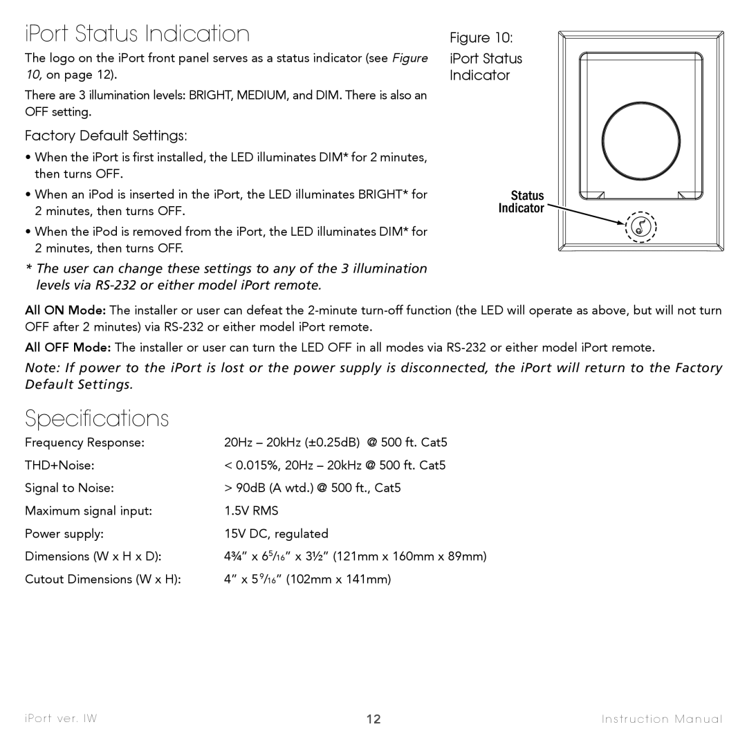 Sonance IW-3, IW-4, IW-2, IW-5 IPort Status Indication, Specifications, Factory Default Settings, IPort Status Indicator 