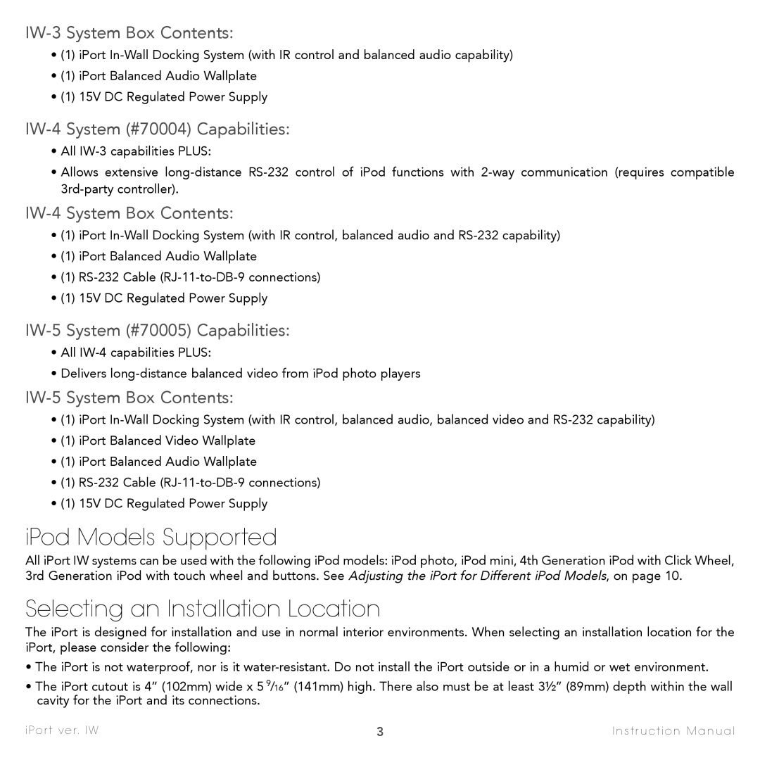 Sonance IW-5, IW-4, IW-2, IW-3, IW-1 instruction manual IPod Models Supported, Selecting an Installation Location 