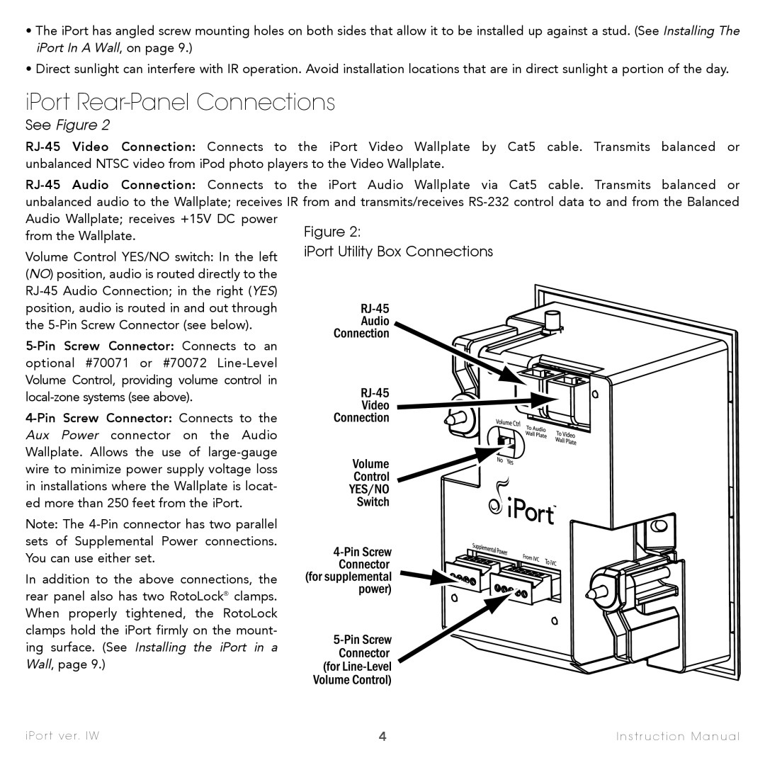 Sonance IW-1, IW-4, IW-2, IW-3, IW-5 instruction manual IPort Rear-Panel Connections, See Figure 