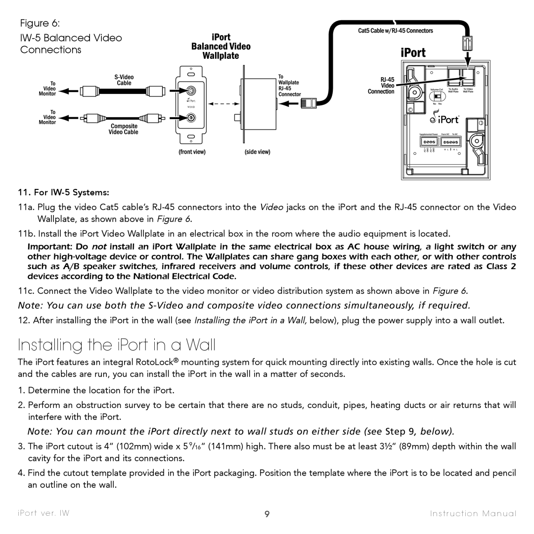 Sonance IW-1, IW-4, IW-2, IW-3 Installing the iPort in a Wall, IW-5 Balanced Video Connections, For IW-5 Systems 