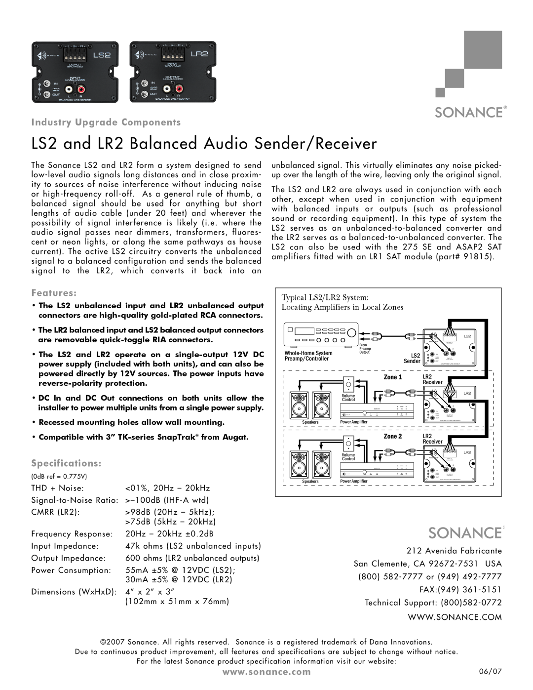 Sonance specifications LS2 and LR2 Balanced Audio Sender/Receiver, Industry Upgrade Components, Features 