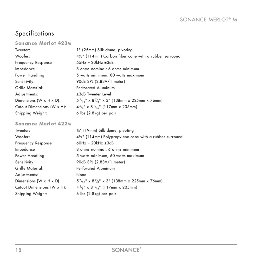 Sonance M Series instruction manual Specifications, Sonance Merlot 423M, Sonance Merlot 422M 