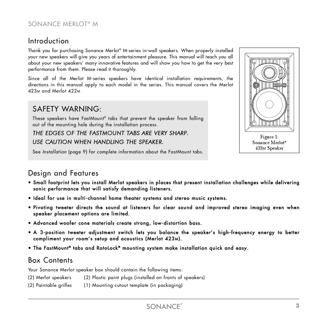 Sonance M Series instruction manual Introduction, Design and Features, Box Contents 