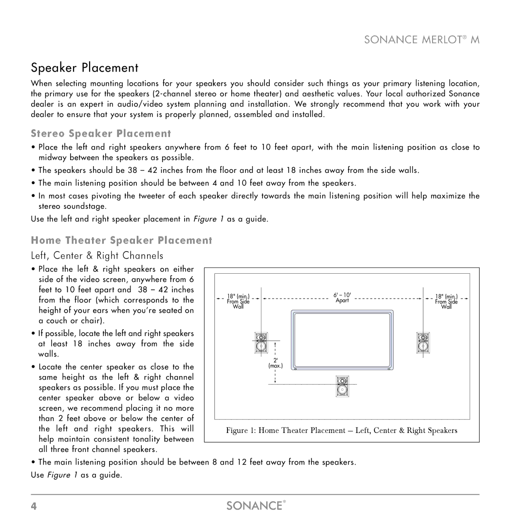 Sonance M Series instruction manual Stereo Speaker Placement, Home Theater Speaker Placement 