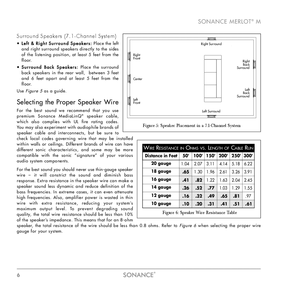 Sonance M Series instruction manual Selecting the Proper Speaker Wire, Surround Speakers 7.1-Channel System 