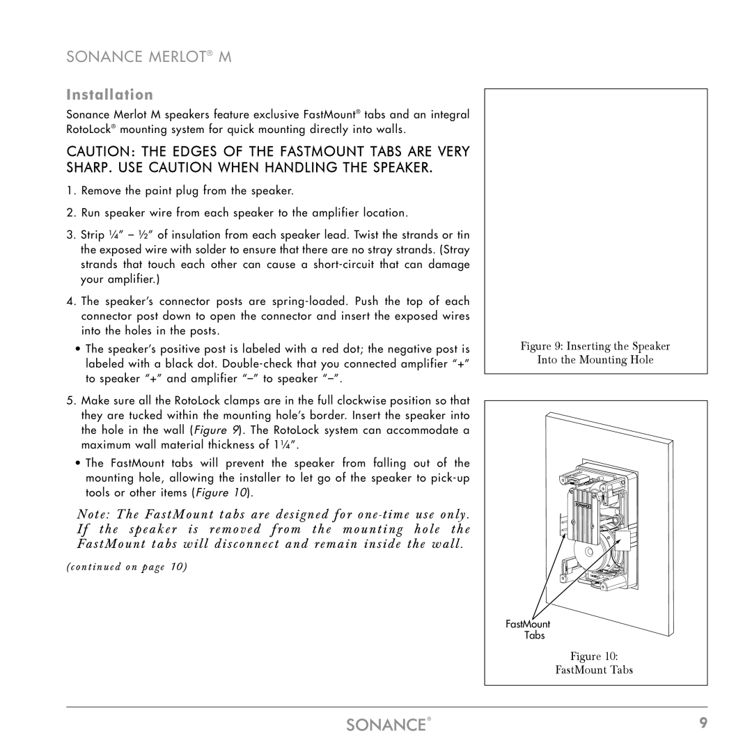 Sonance M Series instruction manual Installation, Inserting the Speaker Into the Mounting Hole 