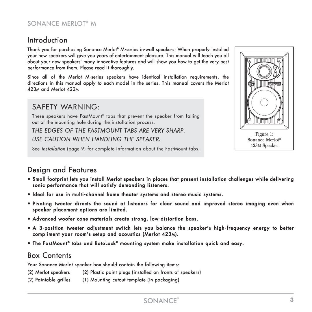 Sonance M Series instruction manual Introduction, Safety Warning, Design and Features, Box Contents, Sonance Merlot M 