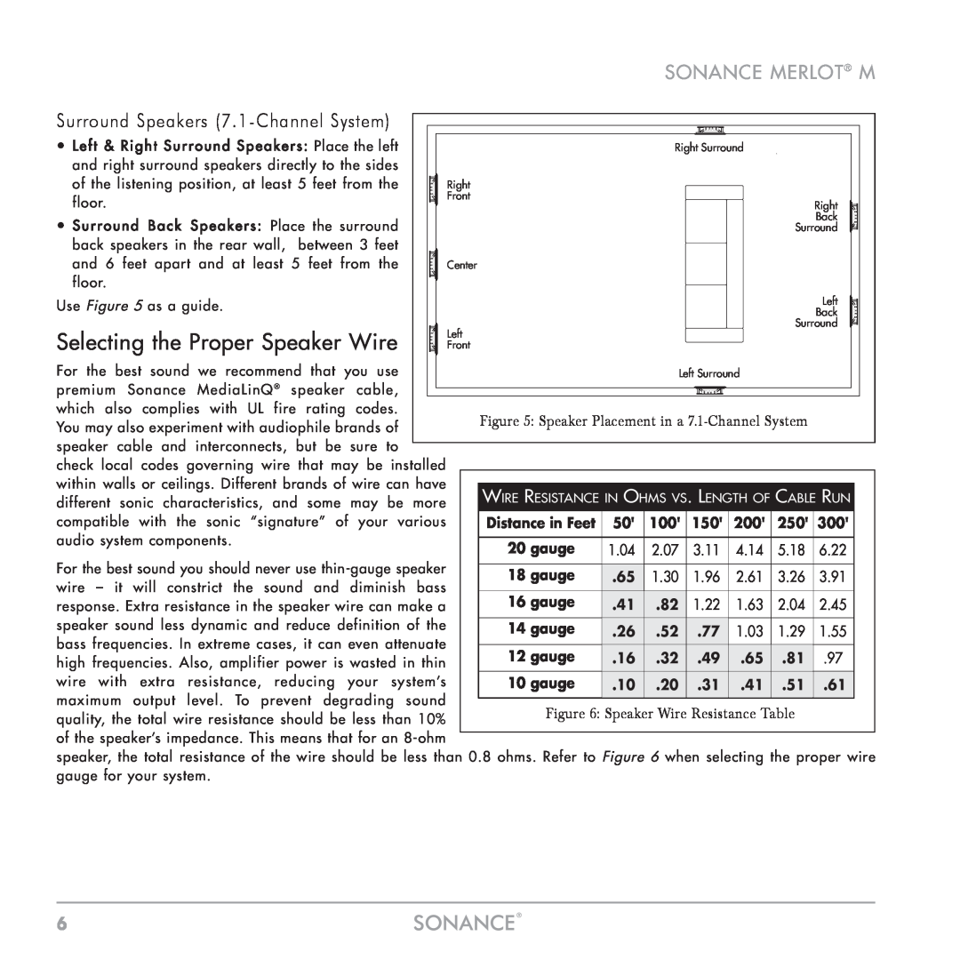 Sonance M Series instruction manual Selecting the Proper Speaker Wire, Surround Speakers 7.1-ChannelSystem 