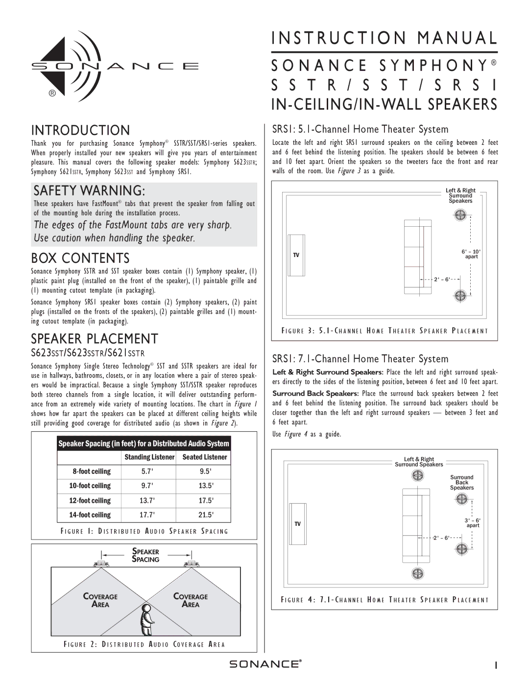 Sonance MARINERSST instruction manual Introduction, Safety Warning, BOX Contents, Speaker Placement 