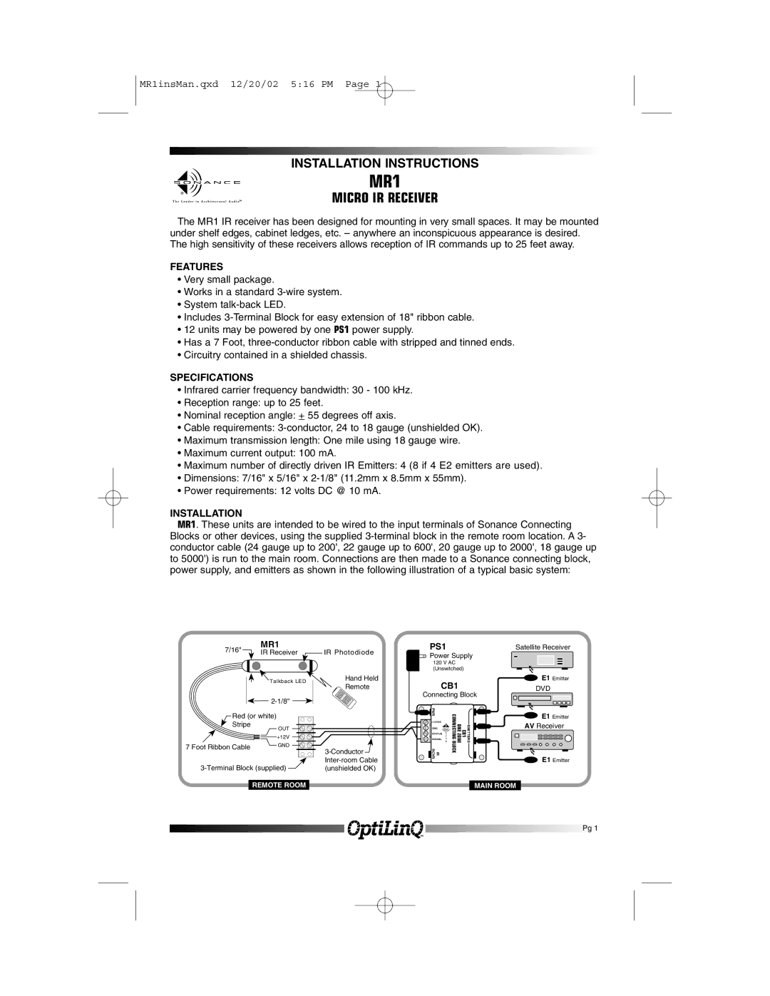 Sonance MR1 installation instructions Micro IR Receiver, Features, Specifications, Installation 