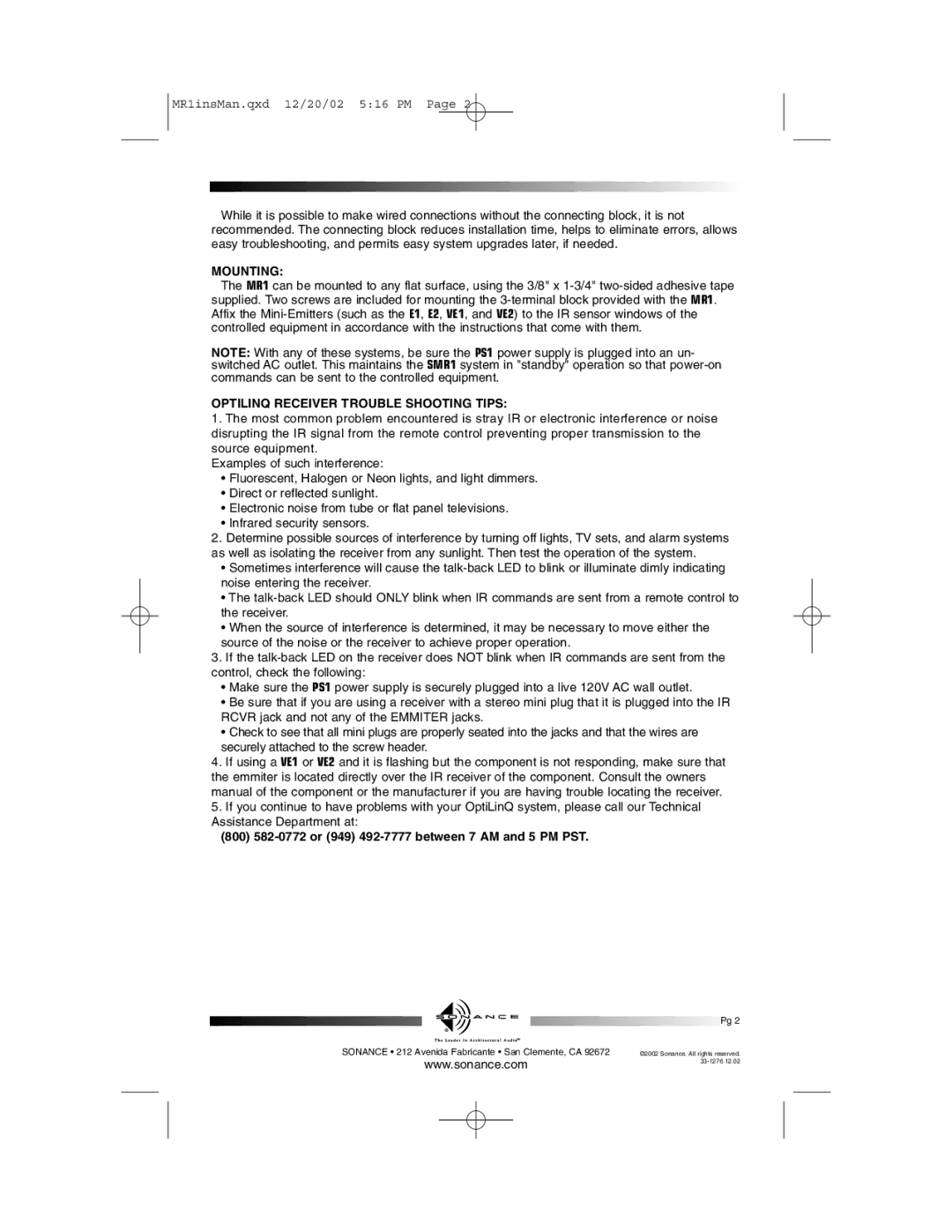 Sonance MR1 installation instructions Mounting, Optilinq Receiver Trouble Shooting Tips 