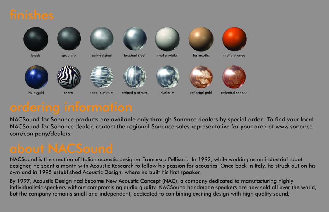 Sonance manual Finishes Ordering information About NACSound 