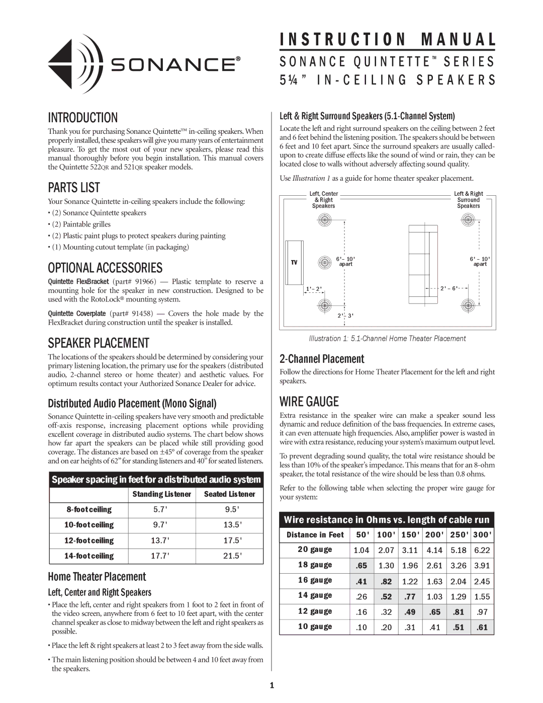 Sonance Quintette 522QR instruction manual Introduction, Parts List, Optional Accessories, Speaker Placement, Wire Gauge 