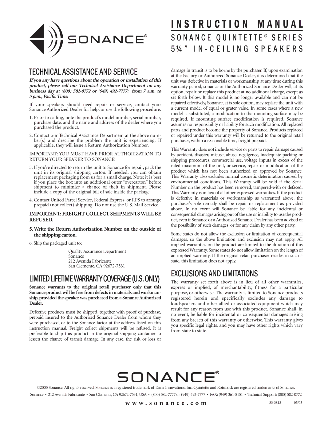 Sonance Quintette 521QR, Quintette 522QR instruction manual Technical Assistance and Service, Exclusions and Limitations 
