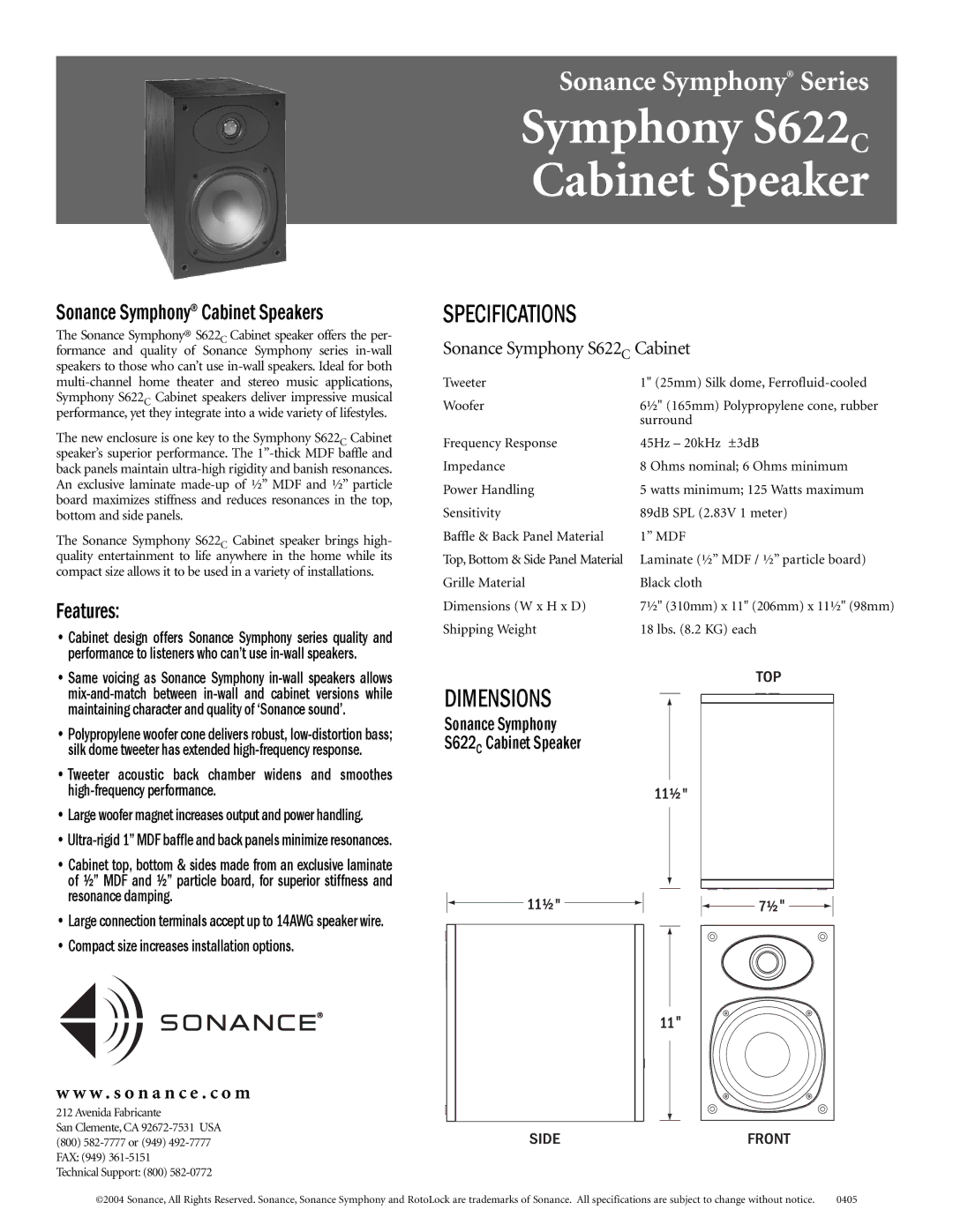 Sonance specifications Symphony S622C Cabinet Speaker, Specifications, Dimensions, Sonance Symphony Cabinet Speakers 