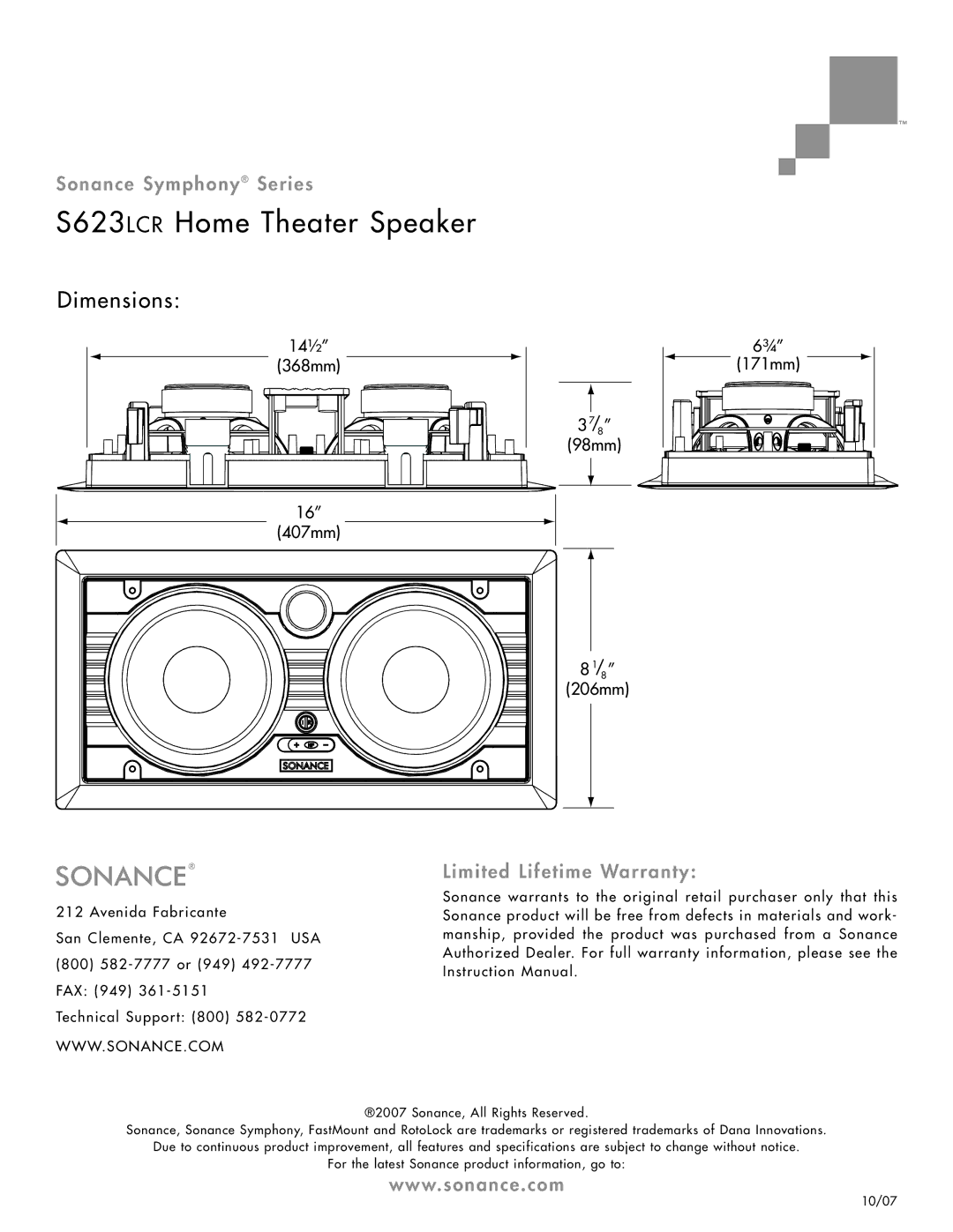 Sonance specifications S623LCR Home Theater Speaker, Dimensions, Limited Lifetime Warranty 