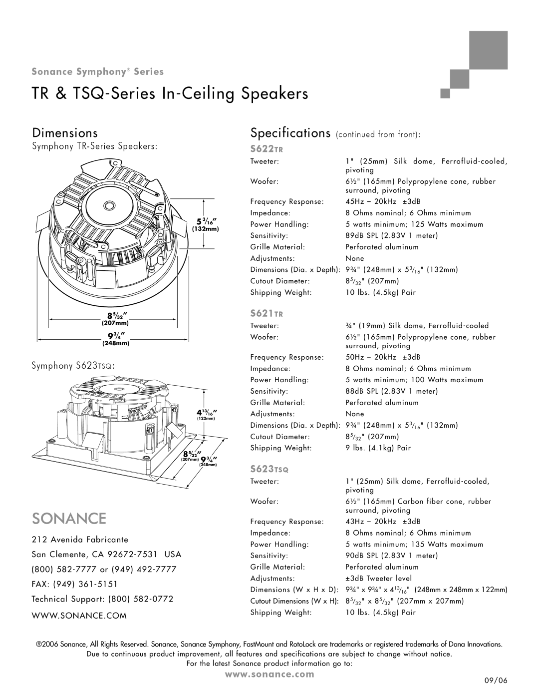 Sonance S623TR, S624TR, S625TR specifications Dimensions, S622TR, S621TR 