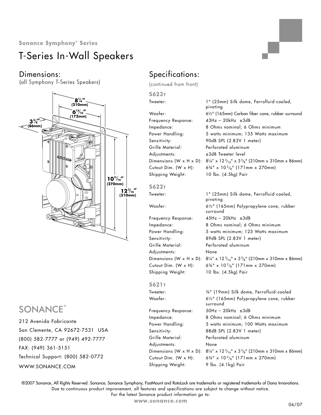 Sonance S625T, S624T specifications Dimensions, S623T, S622T, S621T 