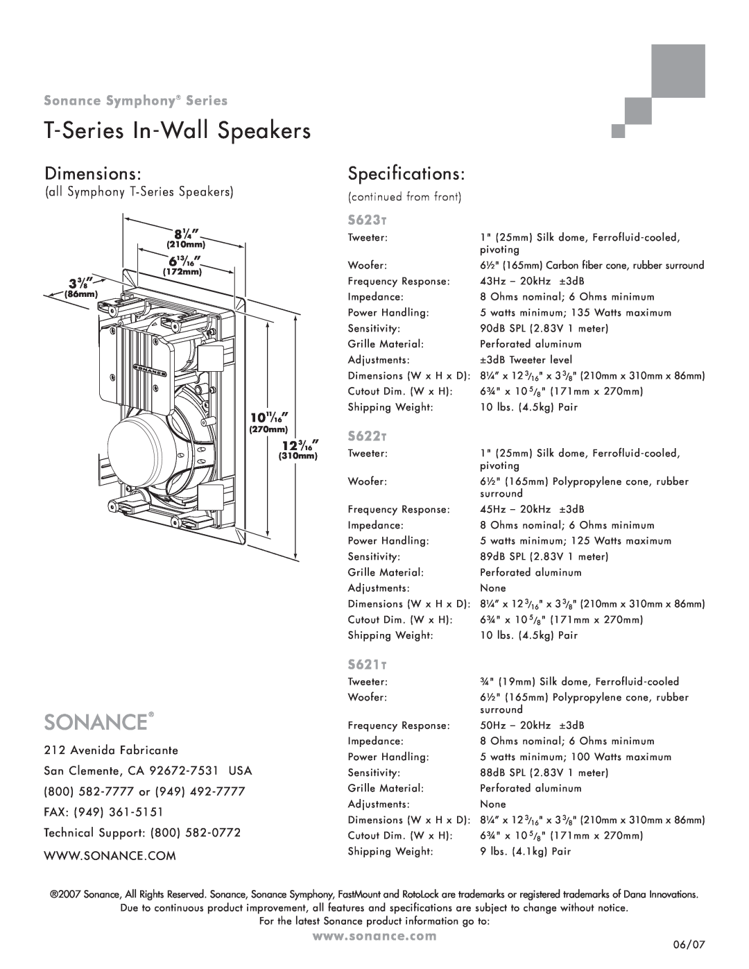 Sonance S625T Dimensions, S623T, S622T, S621T, continued from front, T-Series In-WallSpeakers, Specifications, 33/8” 