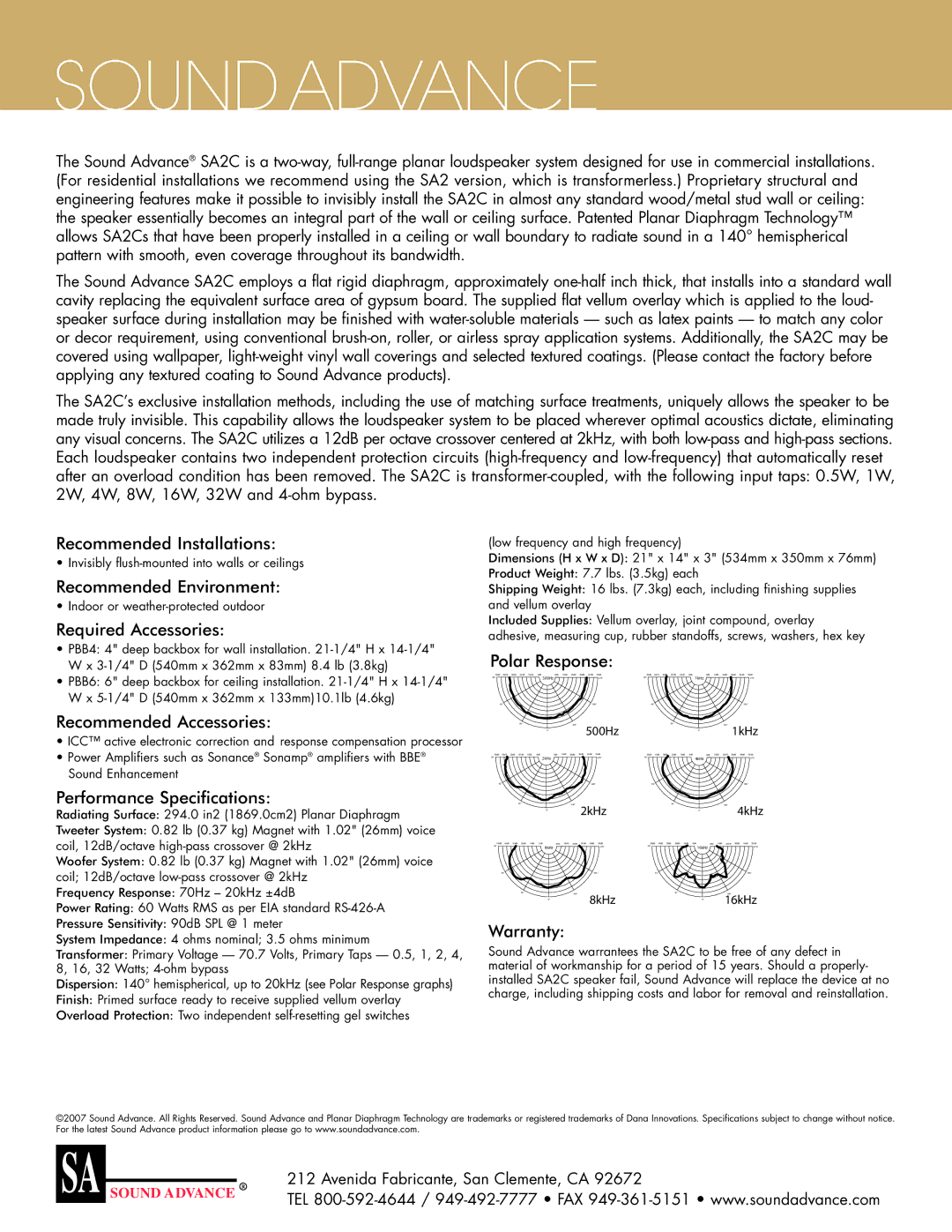 Sonance SA2C manual Recommended Installations, Recommended Environment, Required Accessories, Polar Response, Warranty 