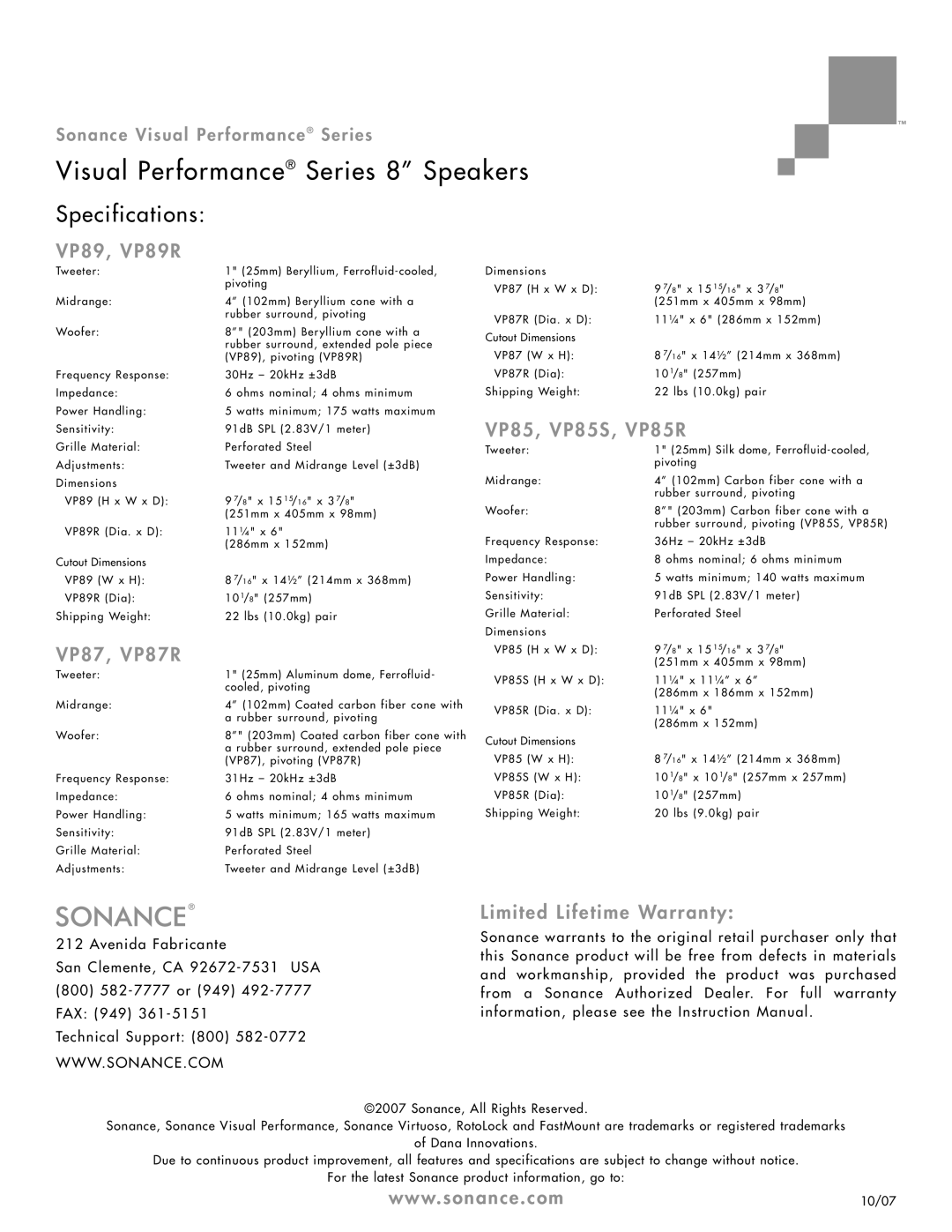 Sonance Series 8 dimensions Specifications, VP89, VP89R, VP87, VP87R, VP85, VP85S, VP85R, Limited Lifetime Warranty 