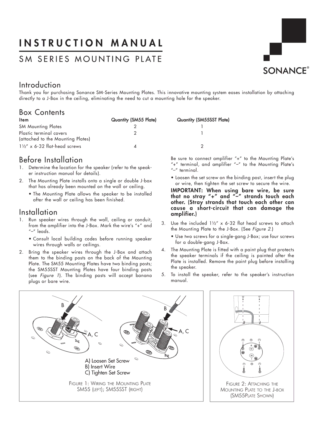 Sonance SM-Series instruction manual S T R U C T I O N M a N U a L, S E R I E S M O U N T I N G P L a T E 