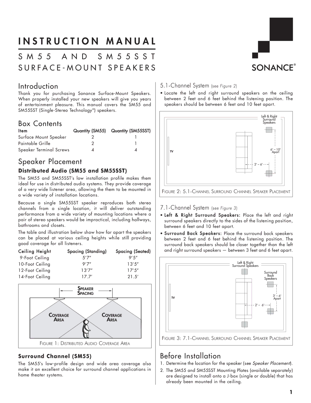 Sonance SM55 SST instruction manual Introduction, Box Contents, Speaker Placement, Before Installation 