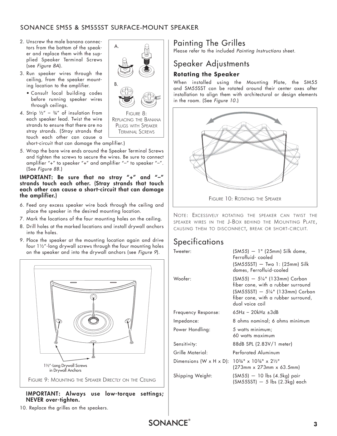 Sonance SM55 SST instruction manual Painting The Grilles, Speaker Adjustments, Specifications, Rotating the Speaker 