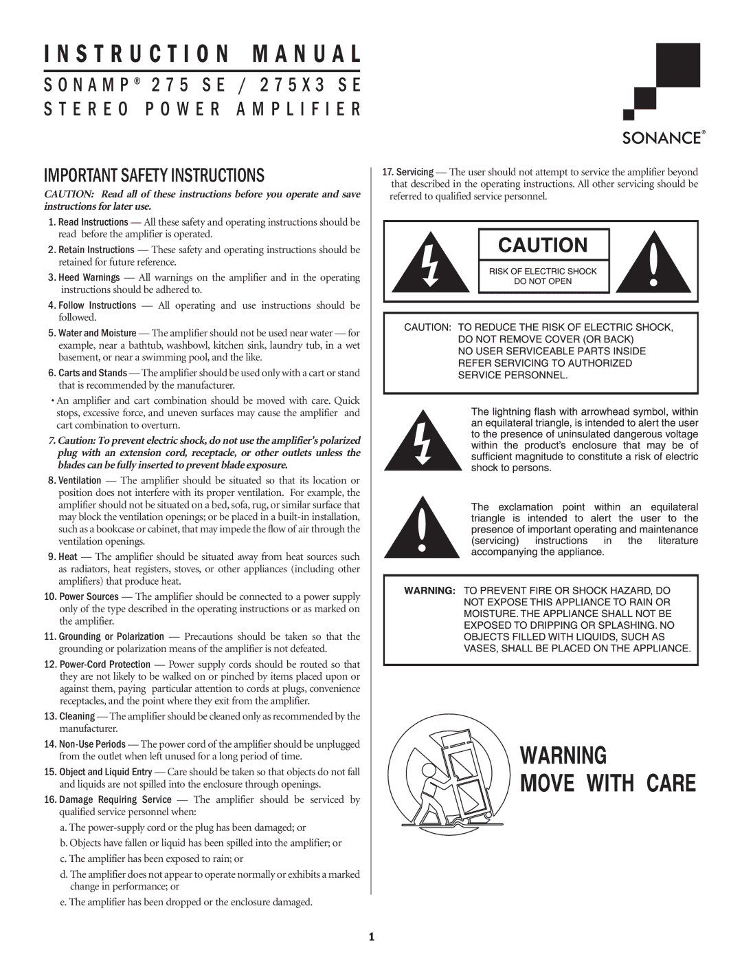 Sonance 275X3 SE, Sonamp 275 SE important safety instructions S T R U C T I O N M a N U a L, Important Safety Instructions 