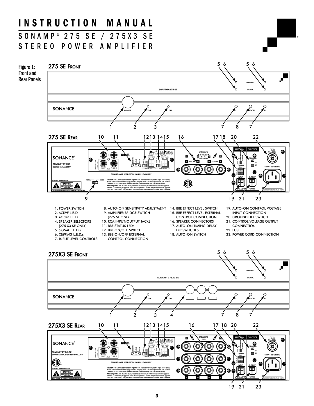 Sonance 275X3 SE, Sonamp 275 SE important safety instructions Front Rear Panels, SE Rear 