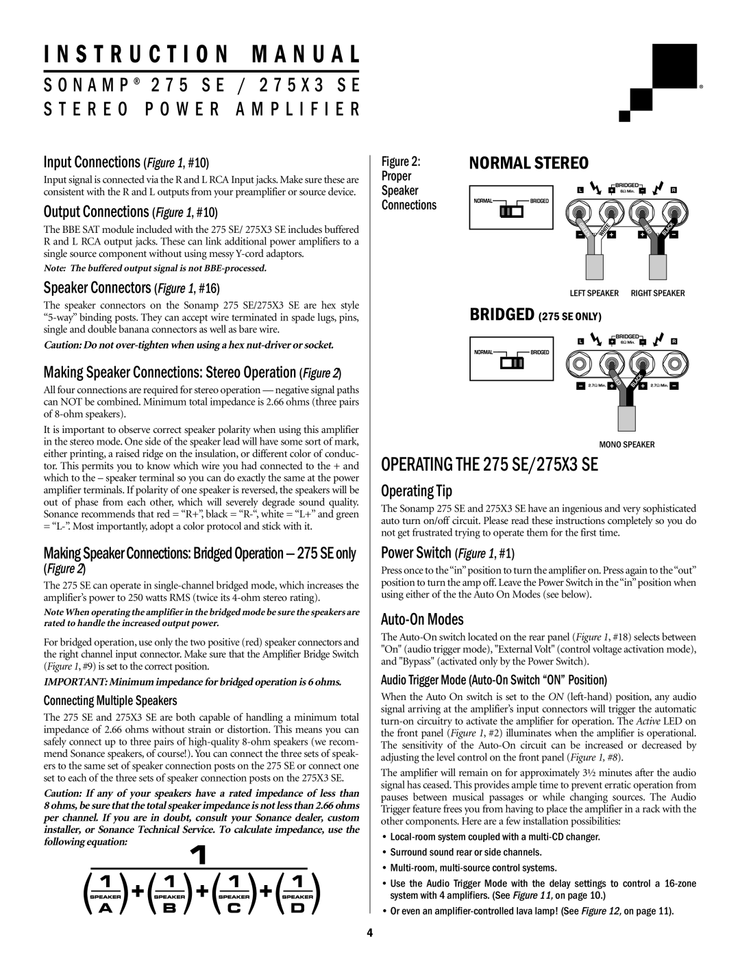 Sonance Sonamp 275 SE important safety instructions Operating the 275 SE/275X3 SE 