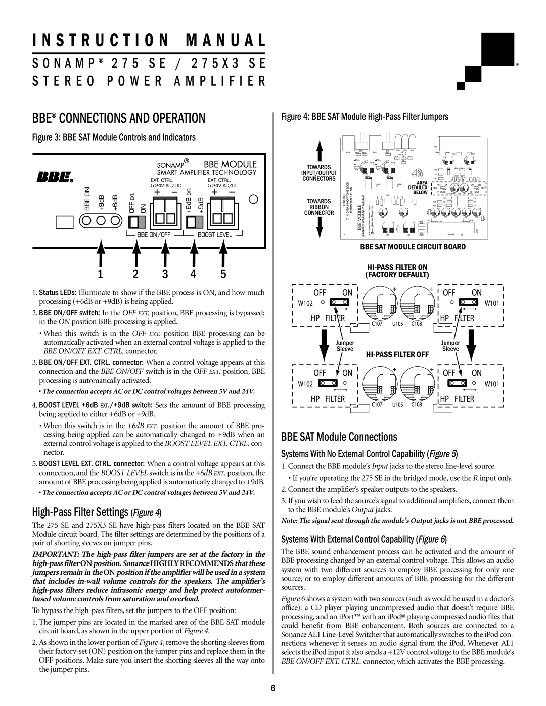 Sonance Sonamp 275 SE BBE Connections and Operation, High-Pass Filter Settings Figure, BBE SAT Module Connections 