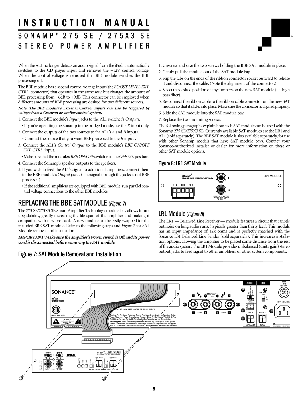 Sonance Sonamp 275 SE, 275X3 SE important safety instructions SAT Module Removal and Installation, LR1 Module Figure 