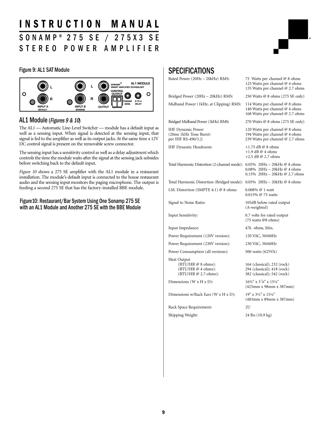 Sonance 275X3 SE, Sonamp 275 SE important safety instructions Specifications, AL1 SAT Module 