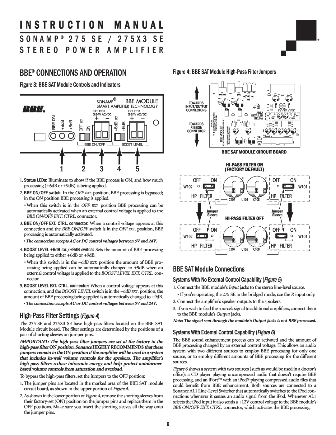 Sonance Sonamp 275 SE Bbe Connections And Operation, High-Pass Filter Settings Figure, BBE SAT Module Connections 