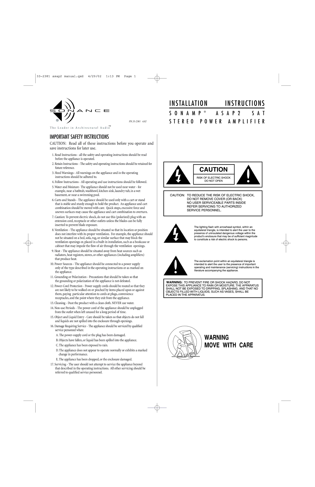 Sonance Sonamp ASAP2 SAT Stereo Power Amplifier important safety instructions Important Safety Instructions 