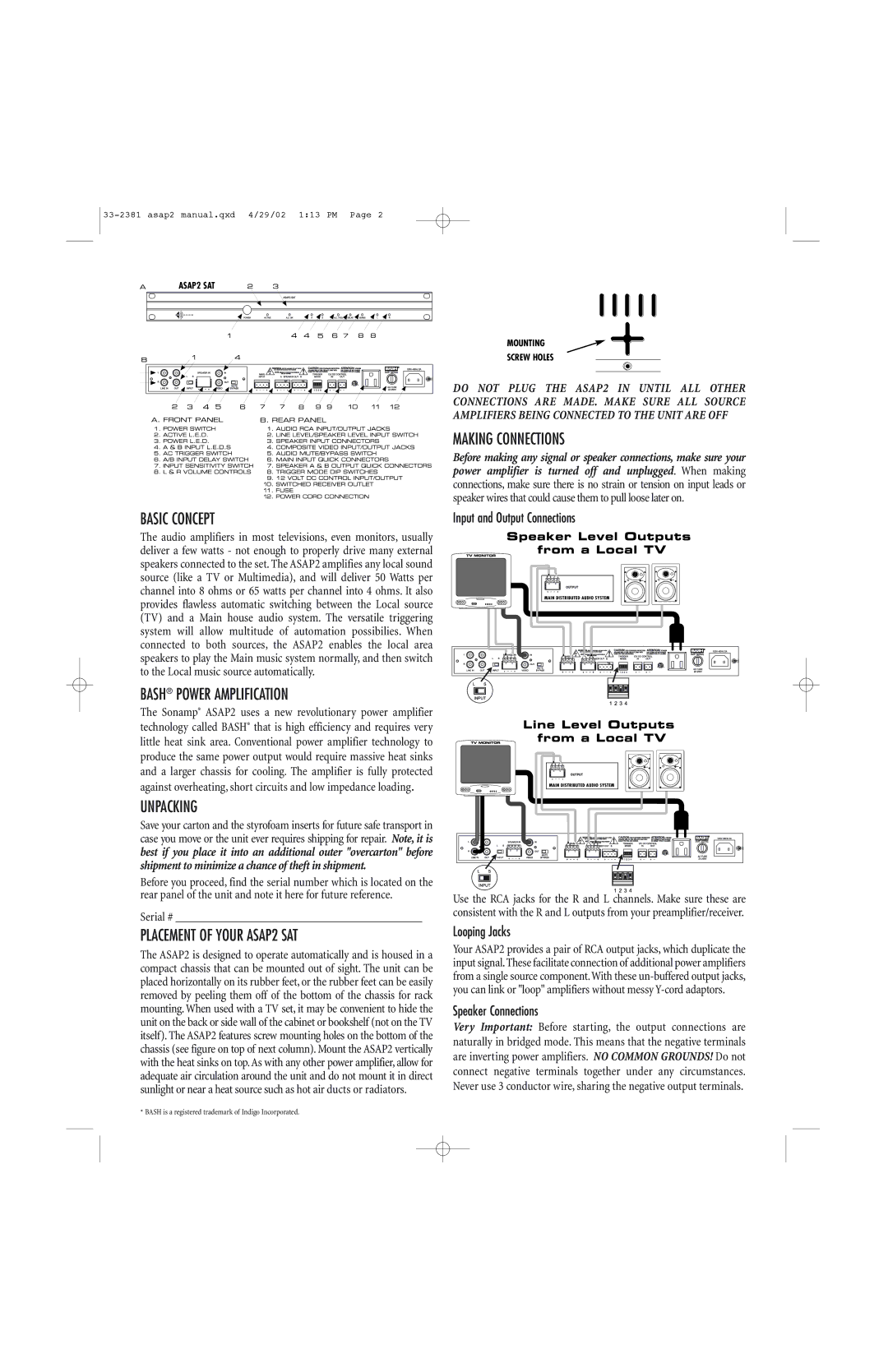 Sonance Basic Concept, Bash Power Amplification, Unpacking, Placement of Your ASAP2 SAT, Making Connections 