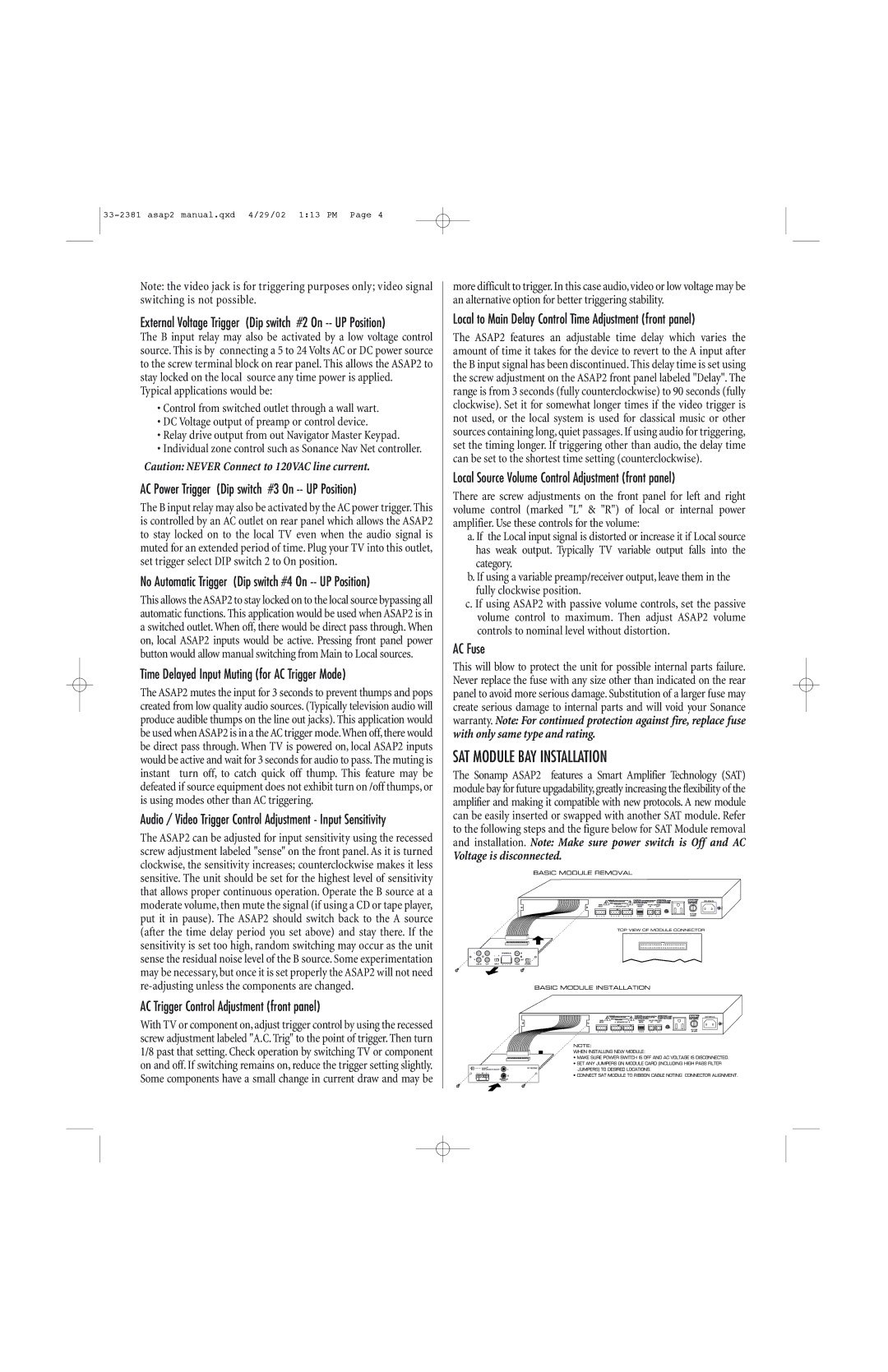 Sonance Sonamp ASAP2 SAT Stereo Power Amplifier important safety instructions SAT Module BAY Installation 