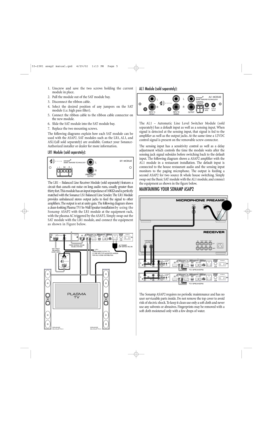 Sonance Sonamp ASAP2 SAT Stereo Power Amplifier Maintaining Your Sonamp ASAP2, LR1 Module sold separately 