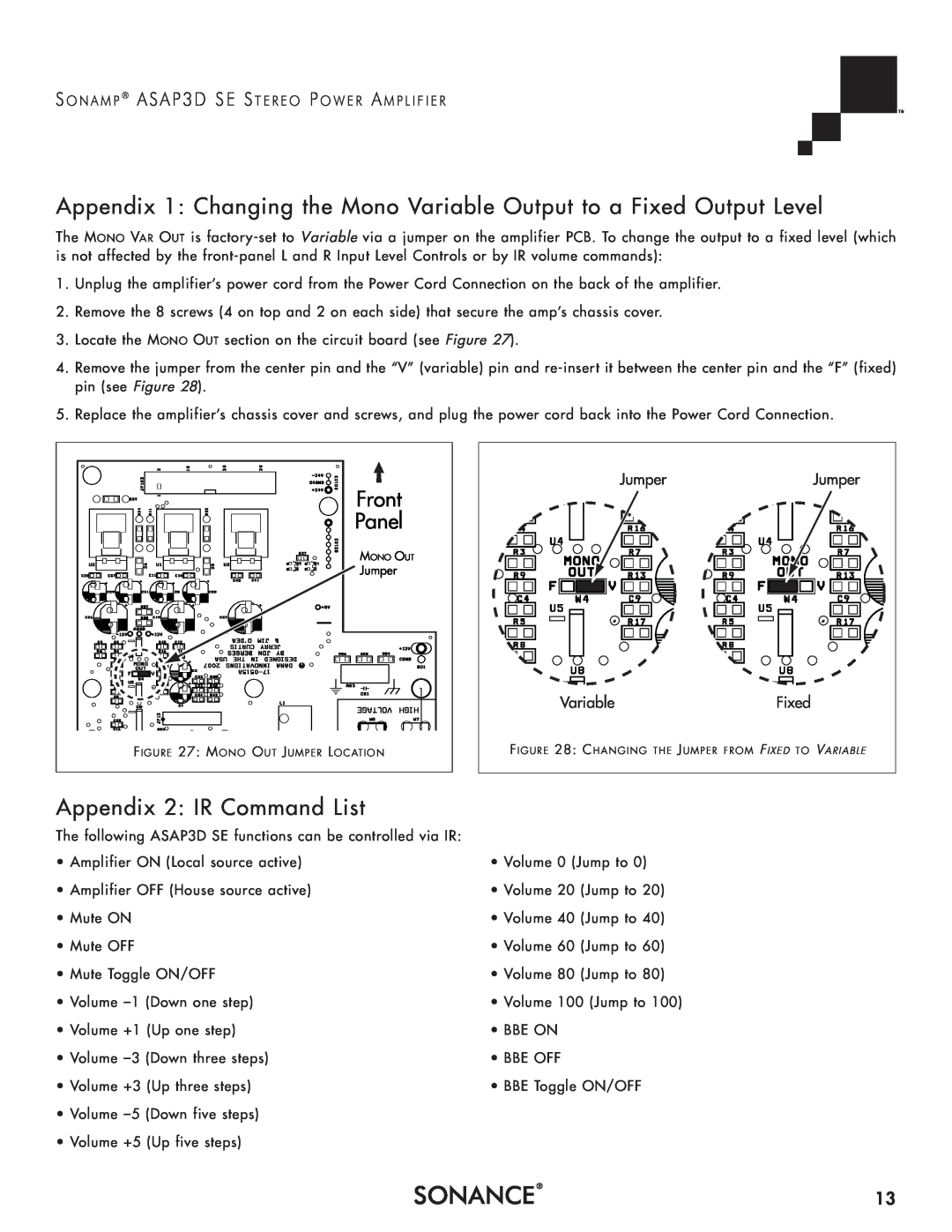 Sonance Sonamp ASAP3D SE Stereo Power Amplifier Appendix 2: IR Command List, Jumper, Variable, Fixed, Front, Panel 