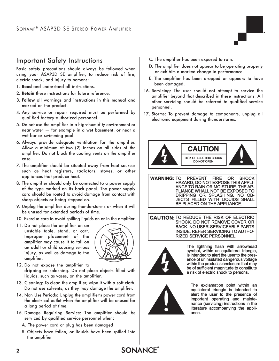 Sonance Sonamp ASAP3D SE Stereo Power Amplifier instruction manual Important Safety Instructions 