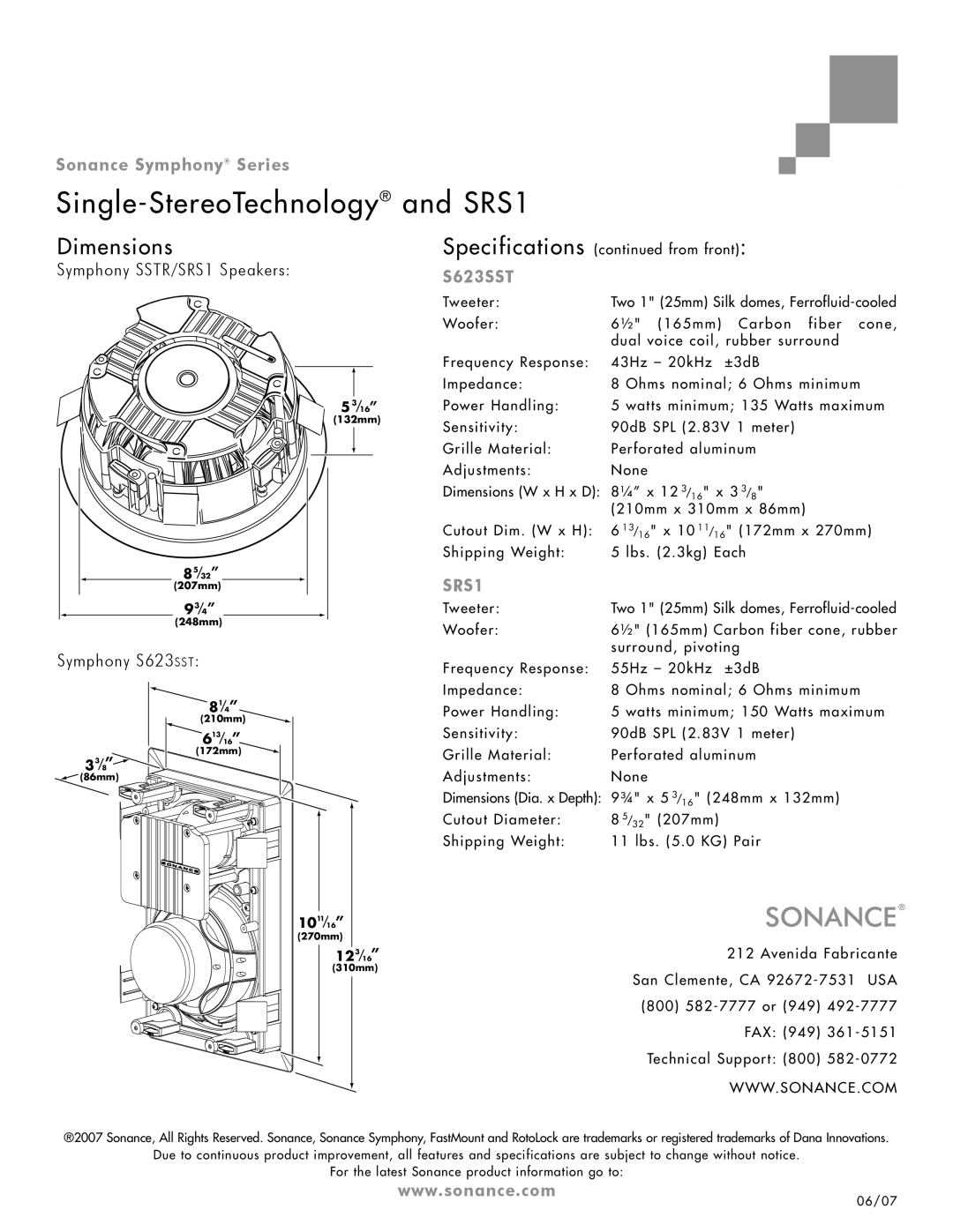 Sonance SRS1 specifications Dimensions, S623SST 